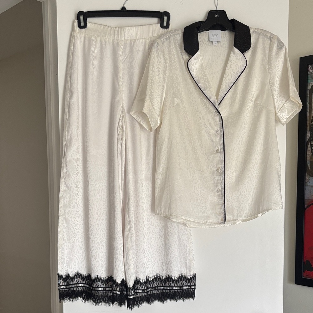 Silk-Blend Ivory Pajama Set with Black Trim